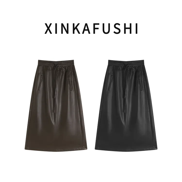 【法式优雅】冬季新款时尚气质松紧腰百搭直筒半身皮裙YN3743