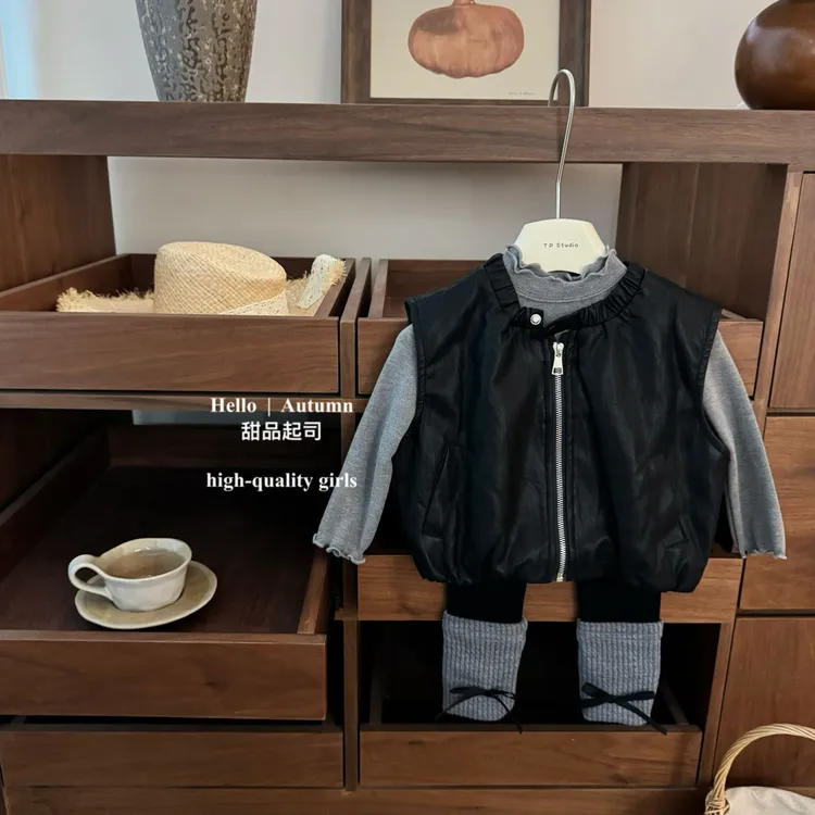 【甜品起司】原创！女宝宝甜酷软皮马甲蝴蝶结打底裤时髦洋气套装潮