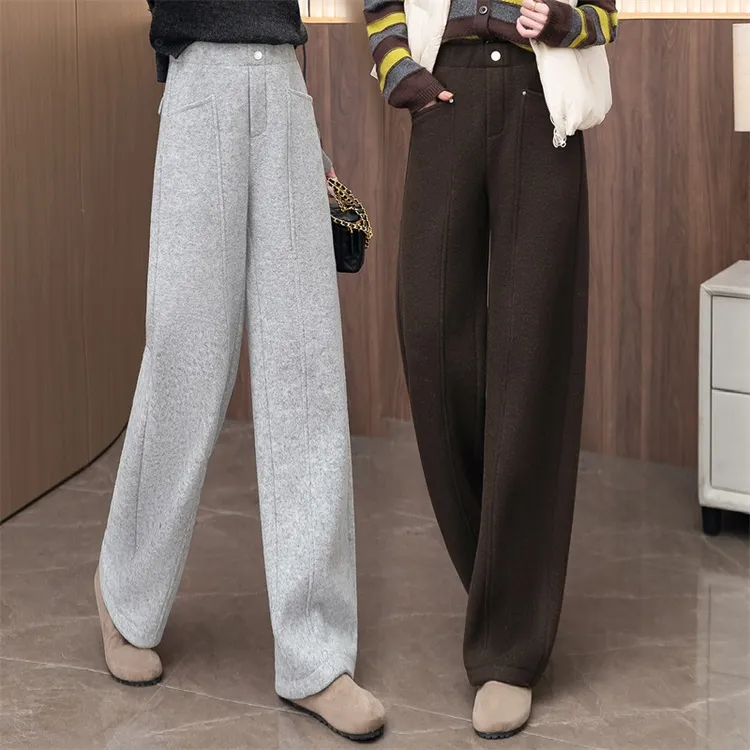 绵羊毛加绒加厚毛呢弯刀裤女秋冬季外穿阔腿裤显瘦时尚女裤子直筒