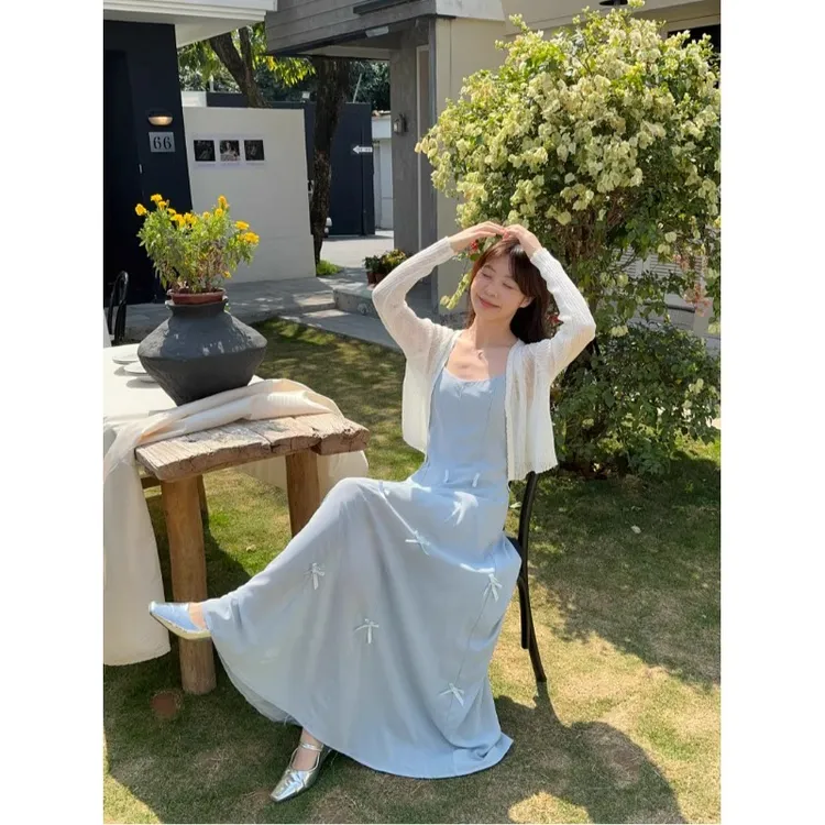 甜美风短款收腰夏季纯色气质长裙型领电动车设计吊带睡裙