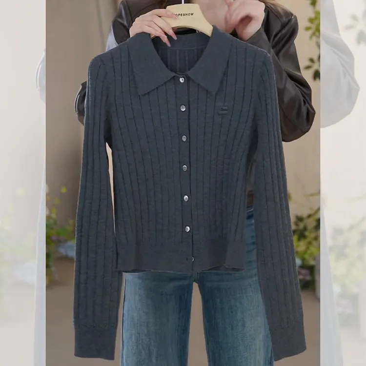 【万达撤柜】简约气质灰色条纹针织开衫女春秋新款高级感修身显瘦