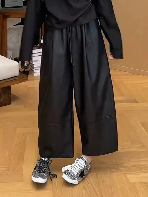 黑色蛋白皮PU九分直筒裤女2025秋季新款高腰时尚洋气百搭阔腿皮裤