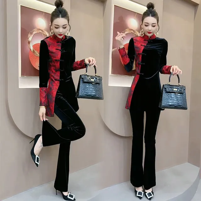 新中式时尚套装女2024秋季新款中长旗袍上衣微喇裤显瘦丝绒两件套