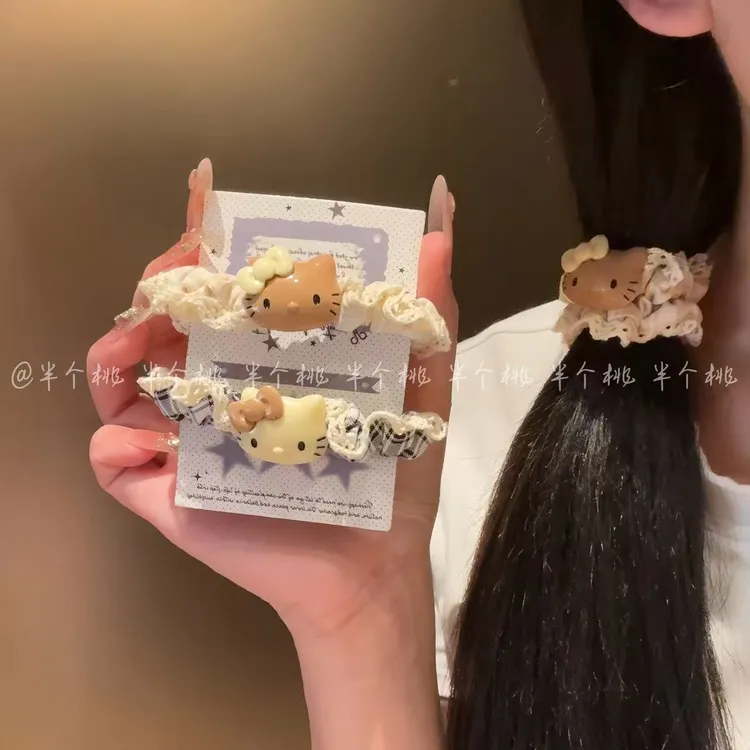 甜美蕾丝花边黑皮猫咪发圈简约少女马尾小肠圈高颜值ins可爱发绳