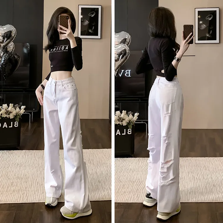 流行时尚潮牌女装阔腿裤裤子休闲牛仔显瘦白色