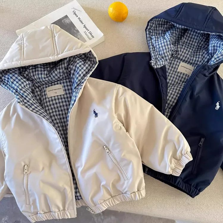 儿童外套2025秋冬男童夹棉棉衣潮牌连帽外套宝宝小童纯色冲锋衣潮