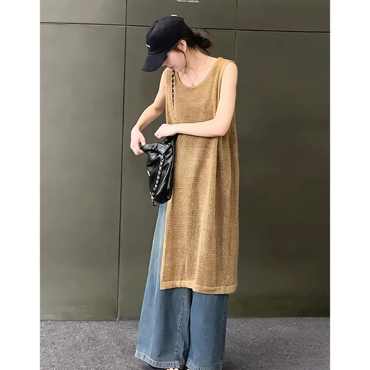 复古慵懒风镂空开叉t恤连衣裙女夏季外搭罩衫气质中长款宽松上衣