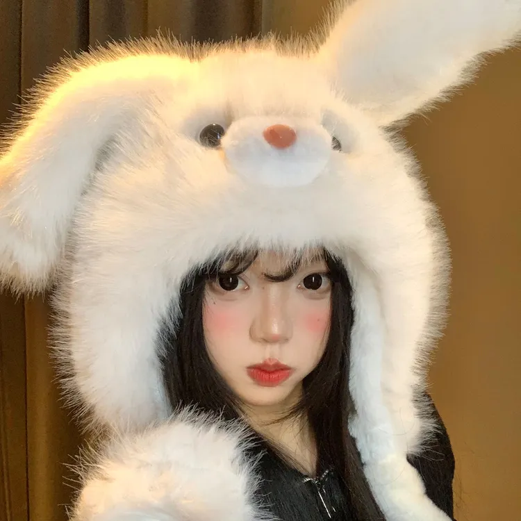 耳朵会动~兔耳朵毛绒帽女冬季可爱加绒加厚保暖防寒护耳雷锋帽子