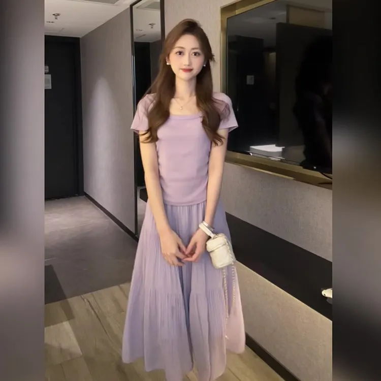 2025新款大方得体穿搭一整套小个子紫色巨好看的两件套装裙女夏装