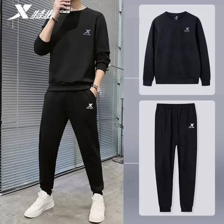 特步运动套装男士冬季时尚休闲圆领长袖跑步健身房卫衣卫裤两件套