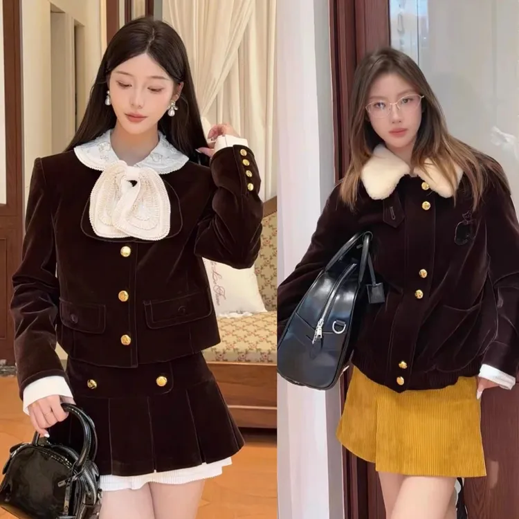 千金风短款冬季咖色保暖外套汉服