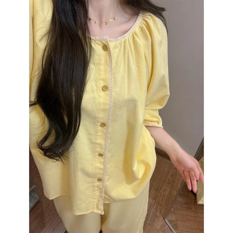 简约纯色韩版温柔风睡衣女秋冬爆款新款大码开衫长裤家居服套装