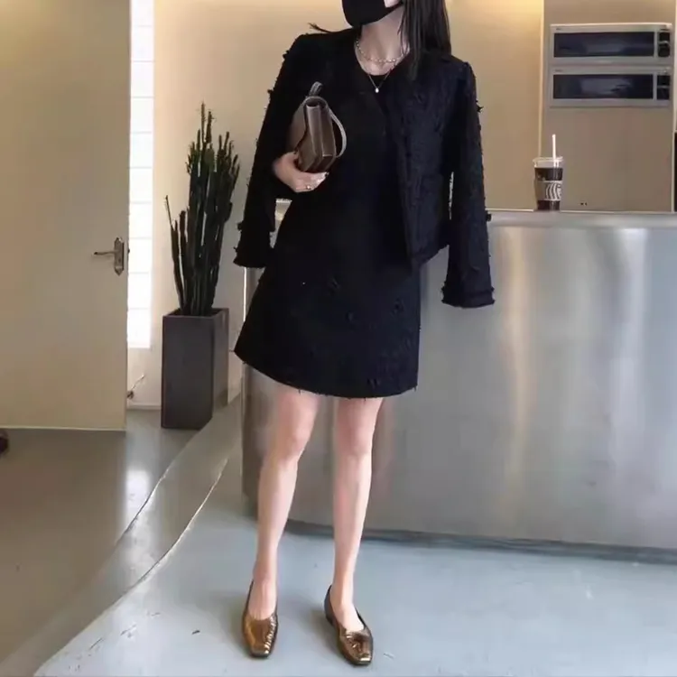 2024套装新款黑色气质显瘦连衣裙搭配长袖外套修身