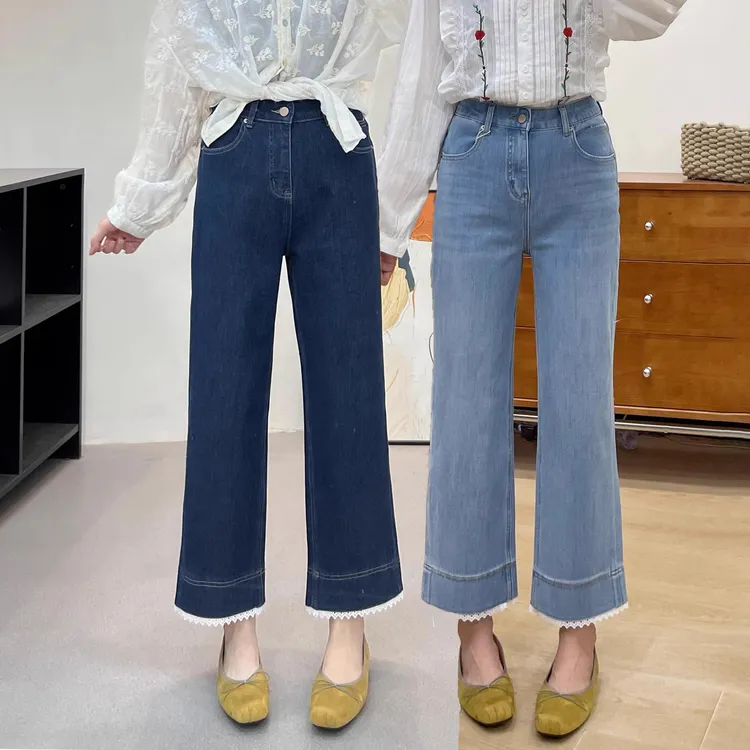 设计感蕾丝花边九分直筒裤女春夏新款大码梨形胖mm遮胯显瘦牛仔裤