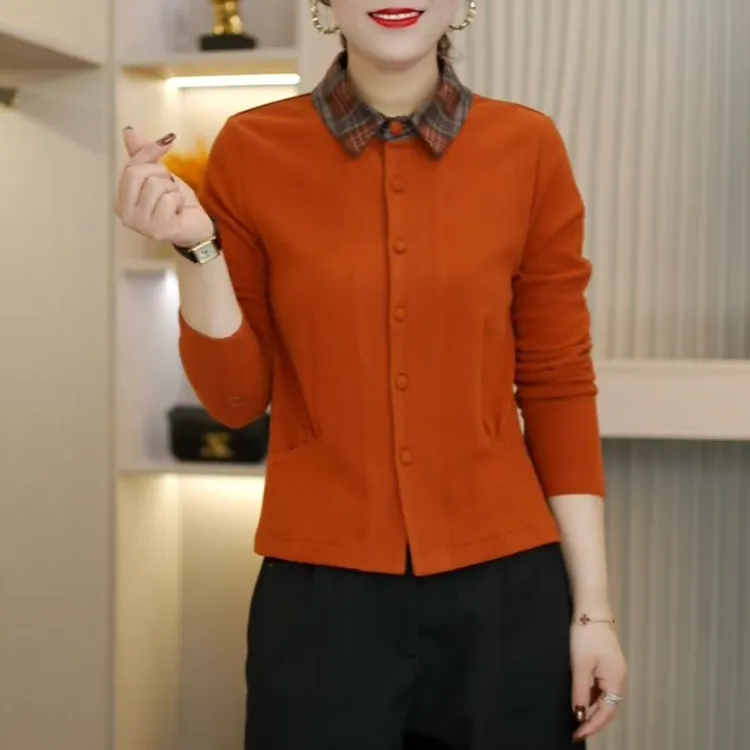 2025秋冬女士新款翻领时尚洋气拼色领加绒百搭开扣显瘦小衫266