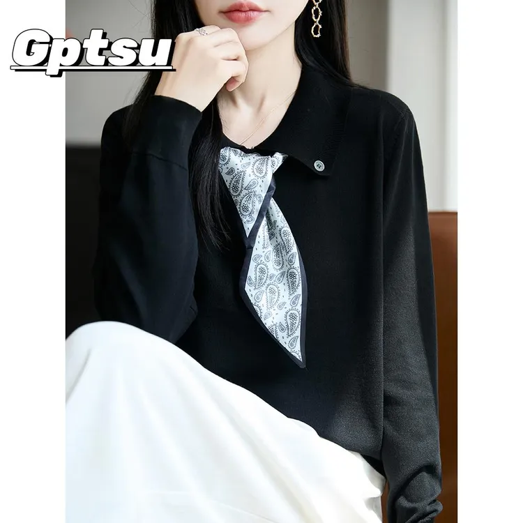 GPTSu早秋翻领丝巾针织打底衫女2025新款秋上衣洋气大码女装毛衣
