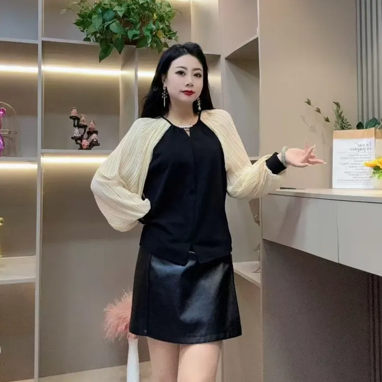 冬季上衣-酷 3442时尚潮流拼接珠珠洋气显瘦百搭胖MM大码女装新款