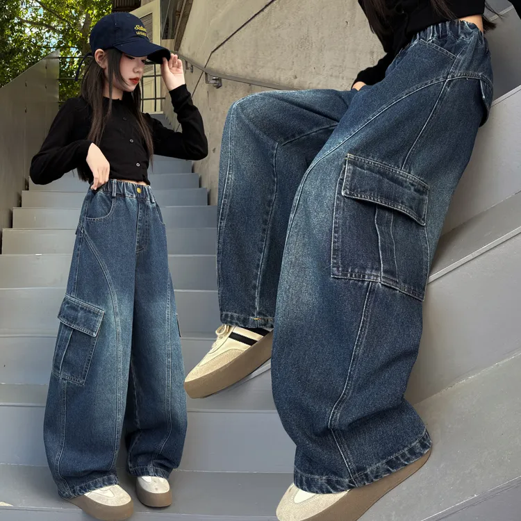 女童牛仔裤秋冬女大童时髦洋气弯刀裤女孩加绒裤子潮酷街舞工装裤