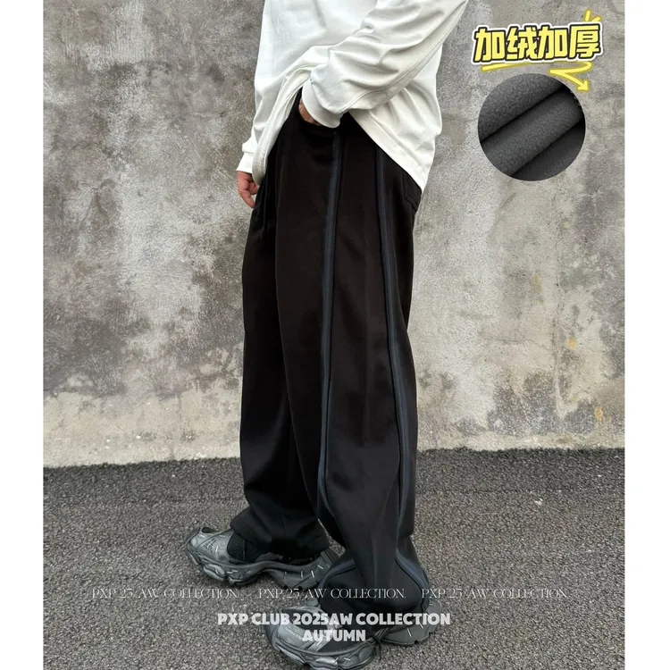 【极光蓝边线条】加绒秋款男装微胖阔腿裤胖松紧腰大码直筒裤36228