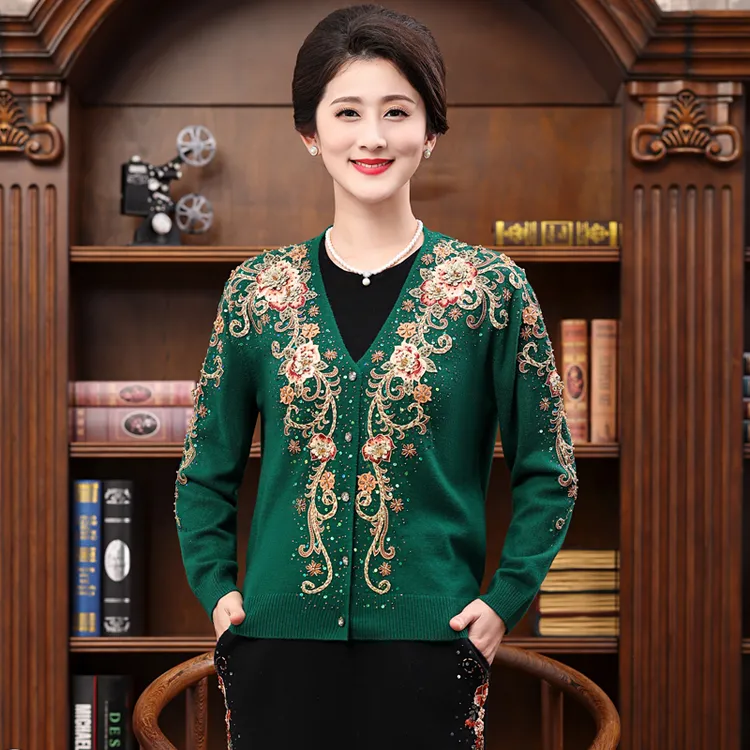 亿喜绣秋冬高端中年女装绣花毛衣妈妈装大码羊毛衫保暖开衫3309