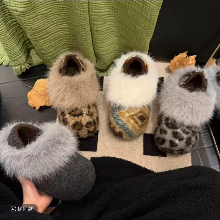 斯拉夫美学~极简风拼色秋冬休闲风毛毛鞋口两穿包头款保暖棉鞋