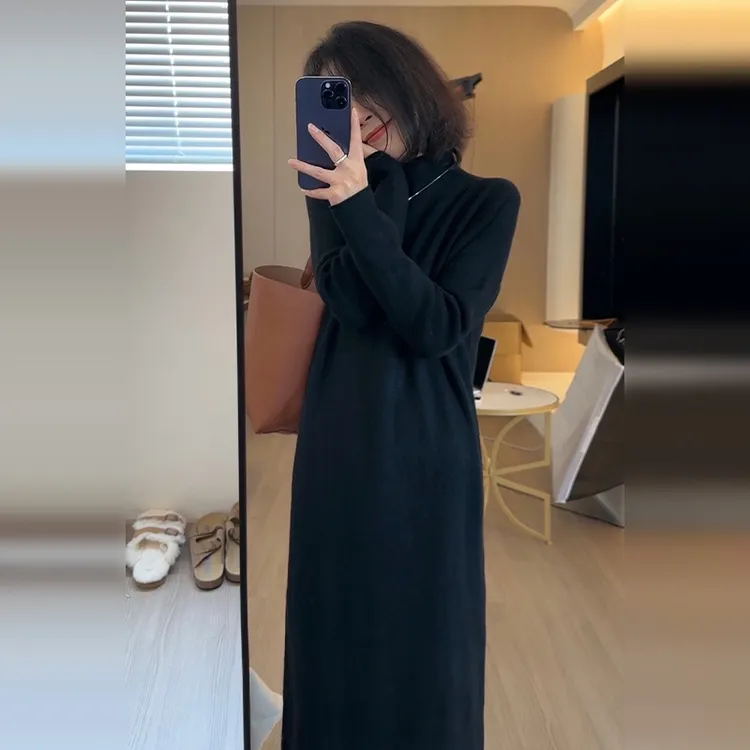 高领针织毛衣针织连衣裙子2026秋冬新款女装大衣内搭打底长袖长裙