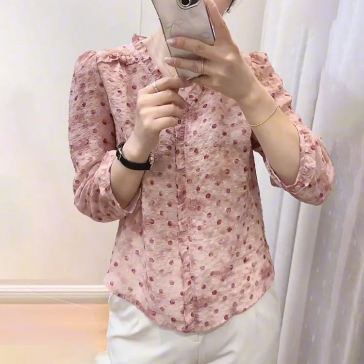 韩版宽松通勤花边粉色波点八分袖衬衫女夏季新款温柔减龄气质上衣
