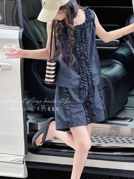 女童套装夏季2025新款儿童女孩花边设计感无袖背心阔腿裤两件套薄