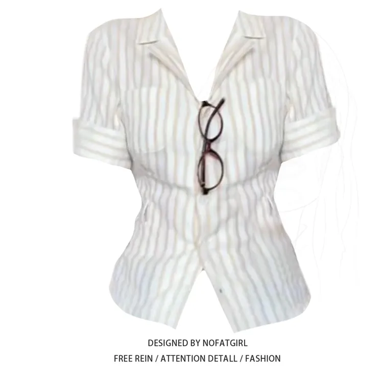 大码胖妹妹韩系气质拼接条纹翻领短袖衬衫女夏季收腰绑带显瘦上衣