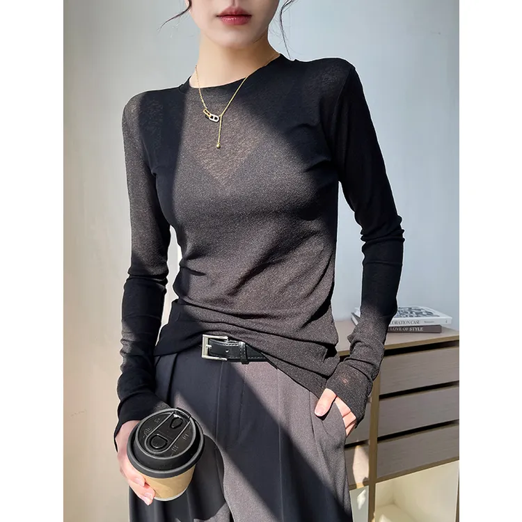 黑色打底衫女春秋季2025年新款圆领麻纱长袖T恤内搭上衣时尚修身