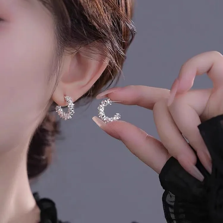 铜合金耳饰 S925银针碎银子夸张耳钉简约C型高级感碎银几两耳024