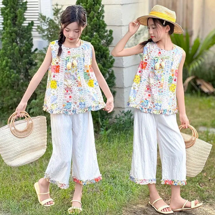 女童套装夏季薄款中大童女孩2025新款洋气夏装无袖儿童时髦两件套