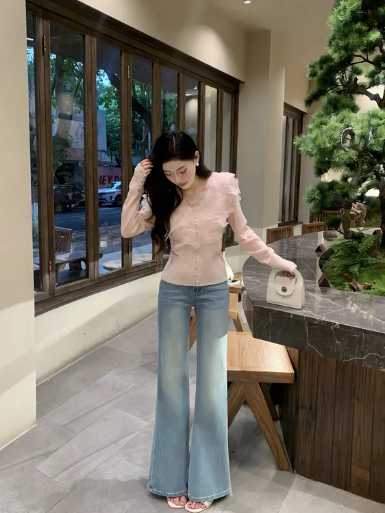 Homiestudio秋冬加绒浅蓝四面弹直筒微喇显瘦女装喇叭直筒裤女