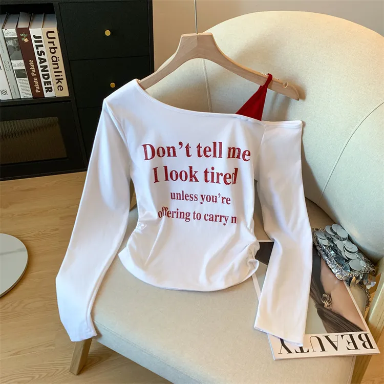 自留款推荐~字母印花假两件长袖T恤女春秋新款高级感收腰露肩上衣
