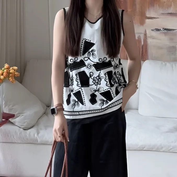 休闲百搭透气刺绣蕾丝无袖小衫女2025新款圆领气质显瘦通勤上衣