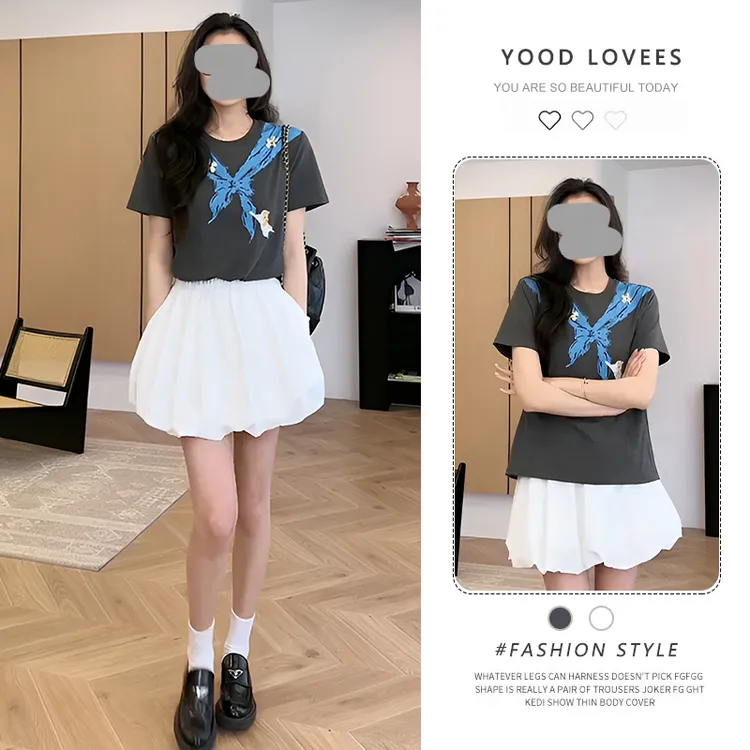 韩风chic一整套女2025夏季领结印花短袖t恤白色花苞短裙裤两件套