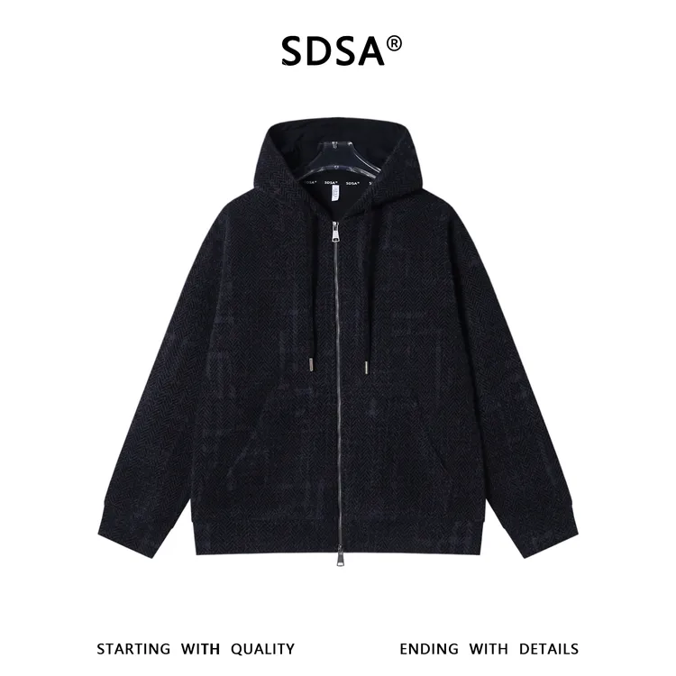 SDSA男士秋冬新款痞帅男装潮牌撞色波浪线绒毛拉链连帽卫衣宽松