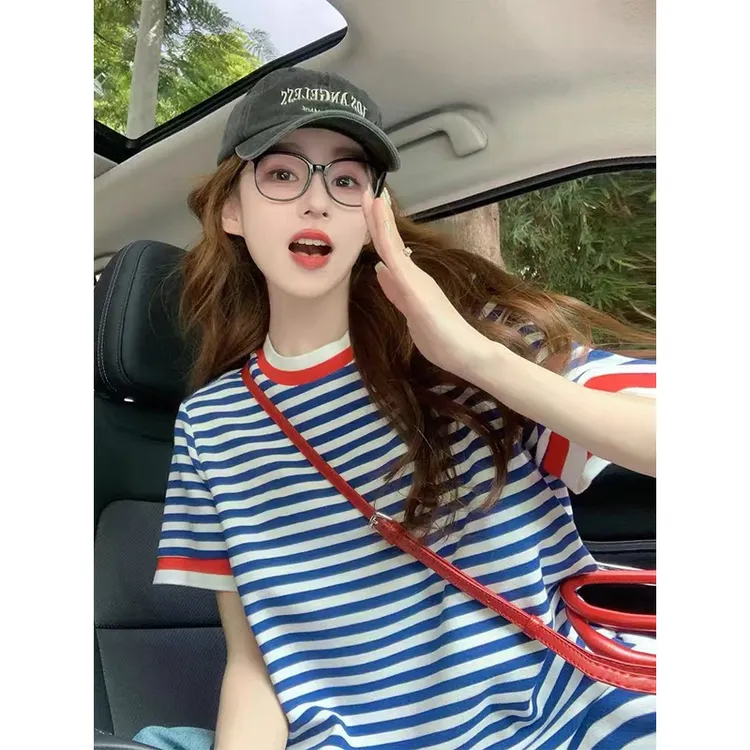 纯棉蓝色条纹短袖t恤女2025新款夏季学院风设计感正肩宽松上衣