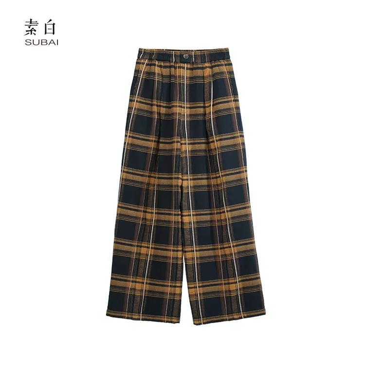 素白加厚保暖【温暖过冬】K01965复古慵懒宽松全腰松紧直筒格子棉裤