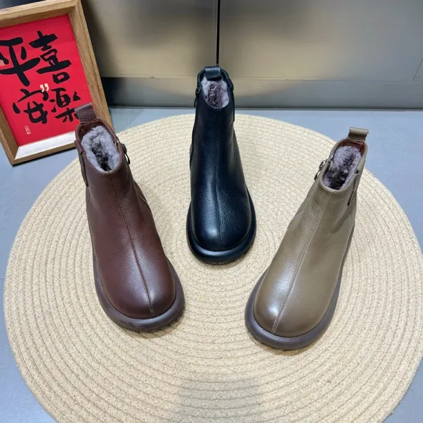 25年秋冬新款K2391软皮加厚底加绒防滑百搭女短靴时尚马丁靴