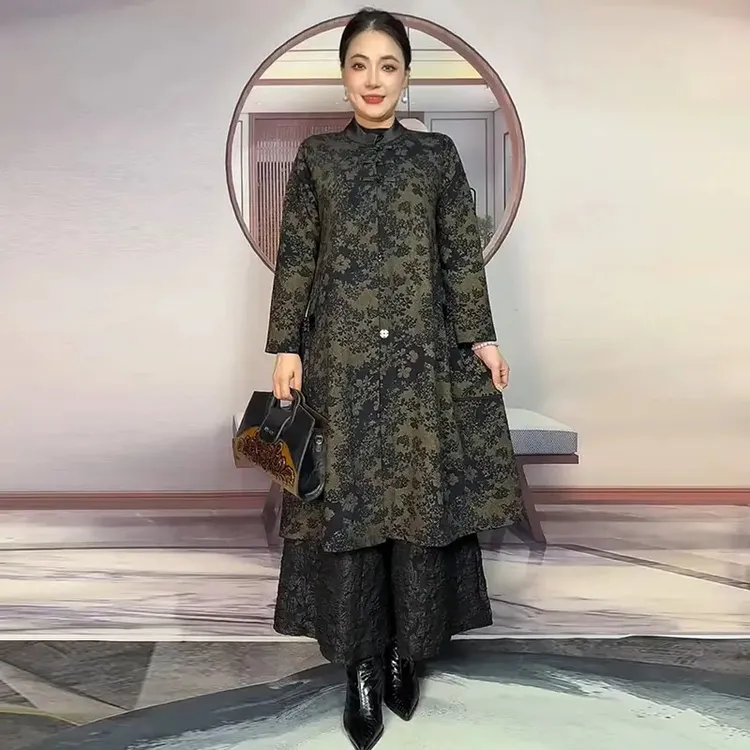 H秋季经典妈妈装大码中长款风衣外套2025中老年印花修身显瘦大衣