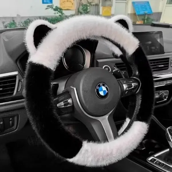 长毛绒方向盘套冬季保暖防寒貂毛可爱耳朵不掉毛弹力汽车把套zzj