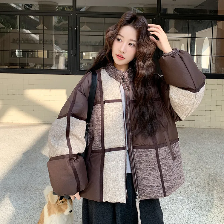 老钱风撞色拼接羽绒服女2025冬新款洋气小个子短款白鸭绒加厚外套