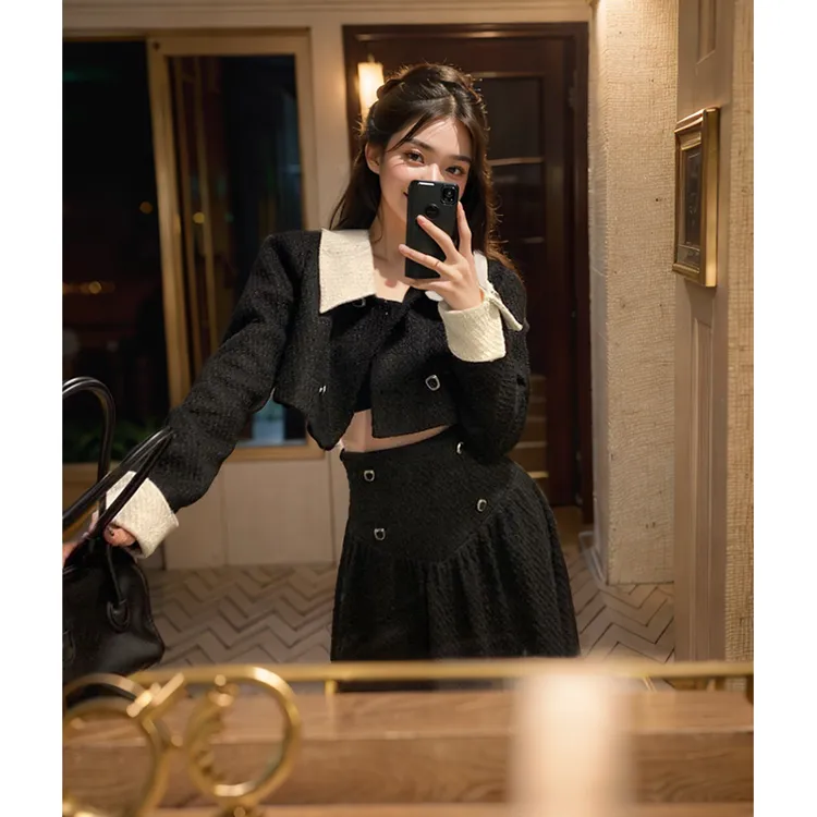 气质大女主 拼色套装小香风优雅名媛气质套装女高腰半身裙两件套