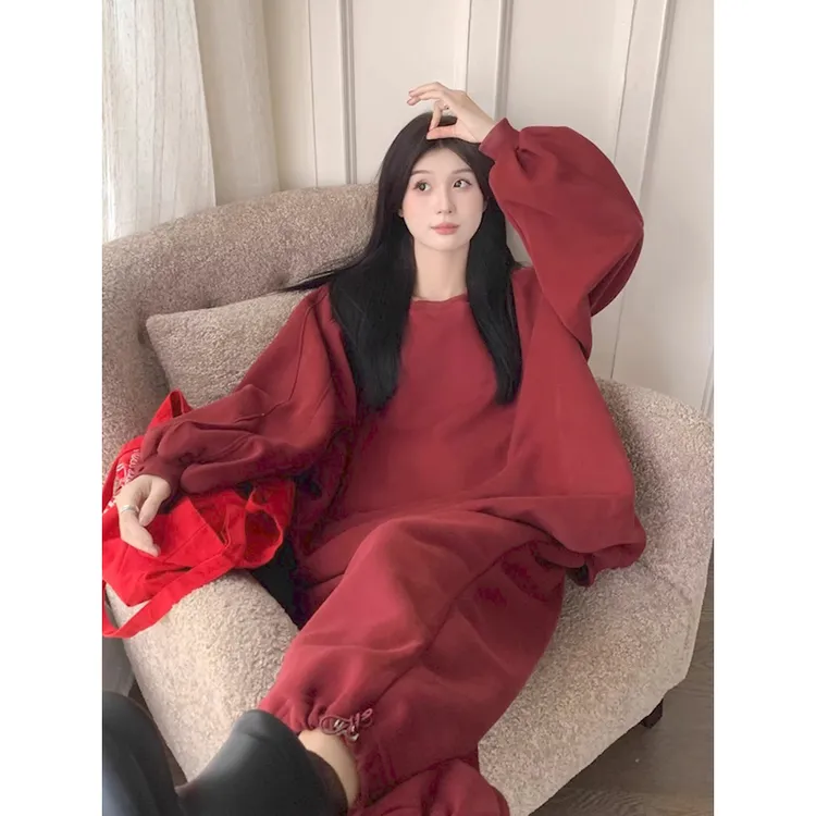 高级感安哥拉红加绒卫衣女2025新款冬季欧货休闲运动卫衣两件套潮