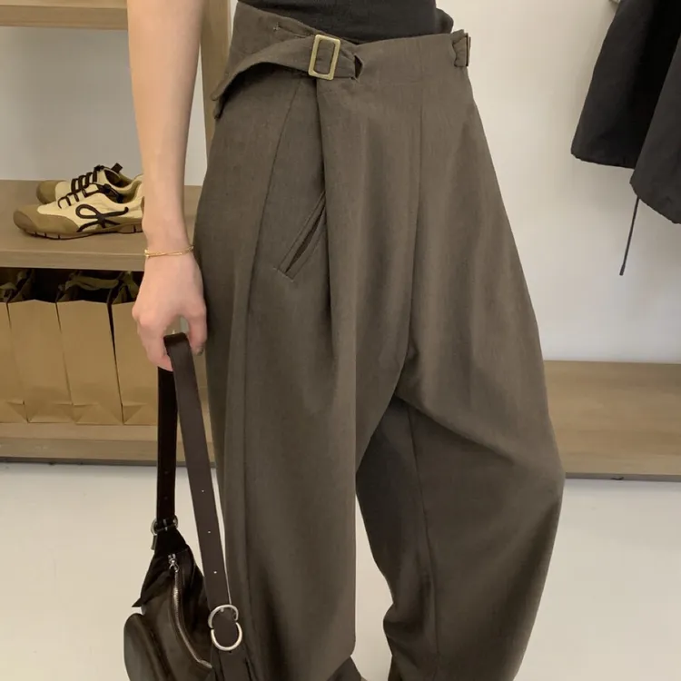 LULU BUNNY  韩国腰头调节扣侧褶边羊毛西装裤宽松休闲