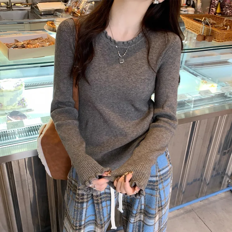 9340大码胖mm木耳边圆领长袖针织衫女装秋冬毛衣打底衫内搭上衣