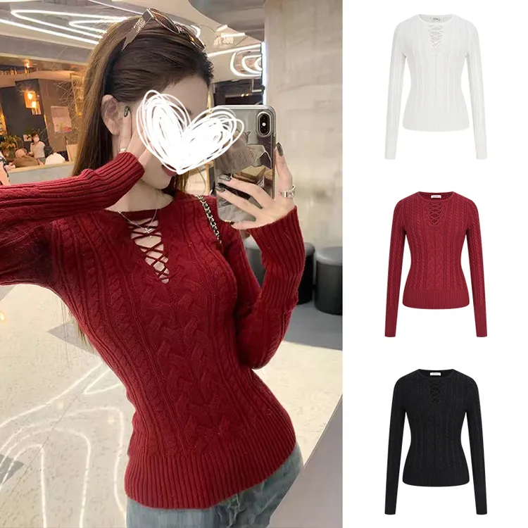 Moses Queen/魔西女王美式复古收腰显瘦打底毛衣镂空麻花针织上衣