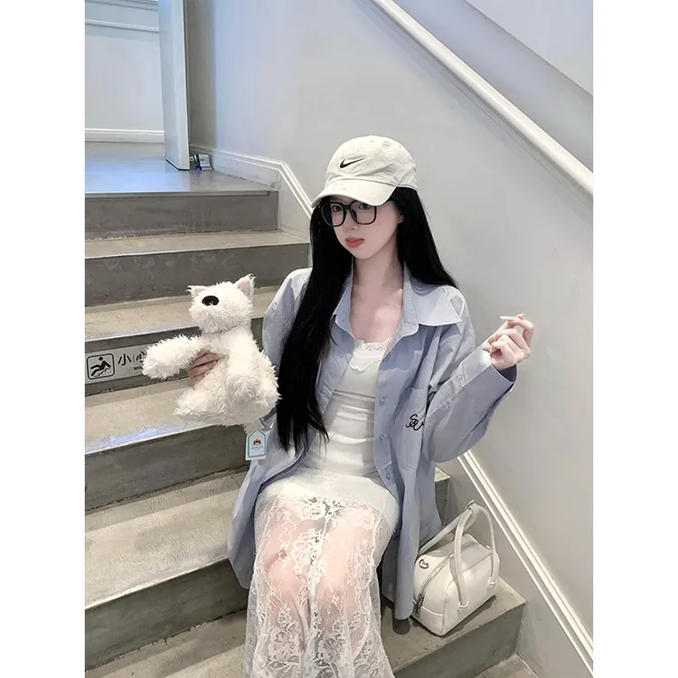 韩里韩气穿搭套装休闲洋气时尚减龄蓝色长袖衬衫蕾丝半身裙两件套