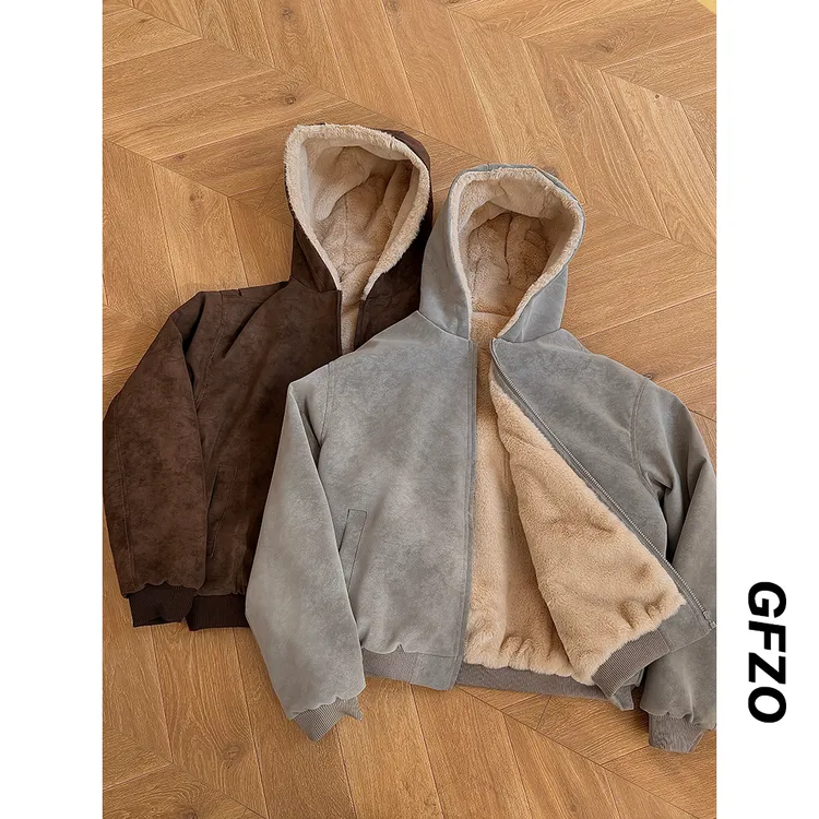 一件过冬~PU皮座山雕男女休闲复古加绒保暖仿兔毛连帽棉衣外套